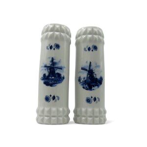 Delft Blue Pair Windmill Vases Holland Hand Painted Ceramic Vintage 9"